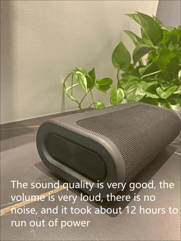 Side View of V18 Speaker: A side profile of the V18 speaker highlighting its compact form factor and sturdy construction with plastic and fabric materials.