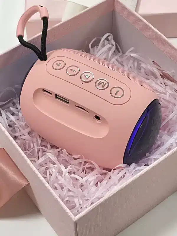 Pink Bluetooth speaker packaged in a gift box