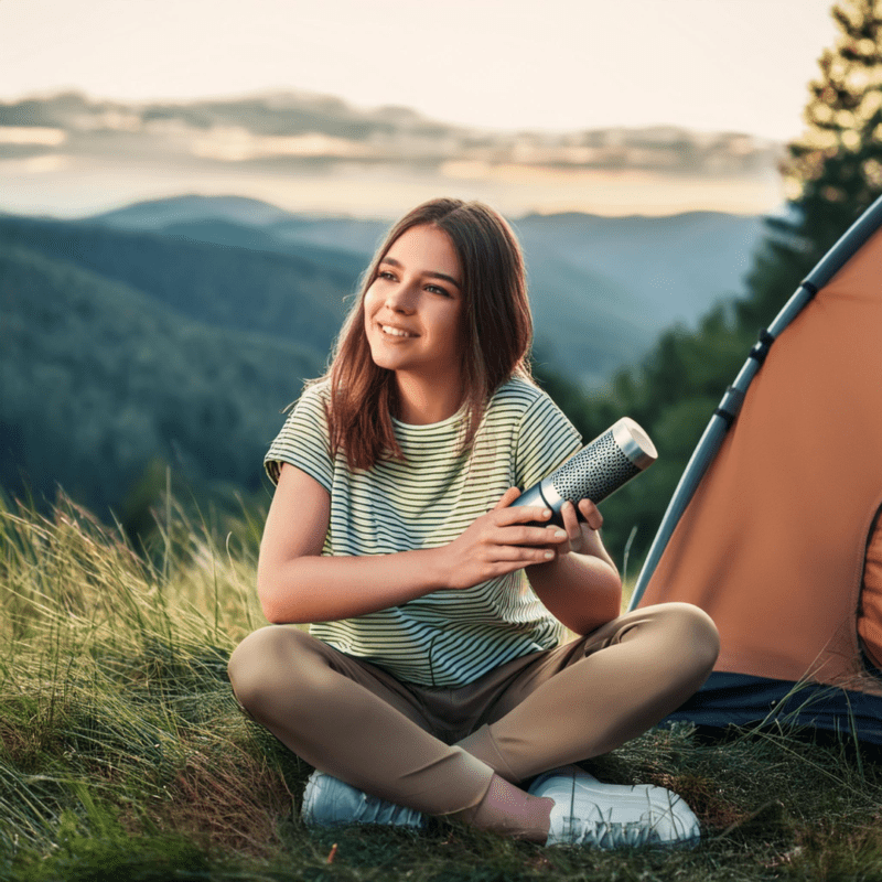 A girl is camping with noveltyelec's Bluetooth speaker