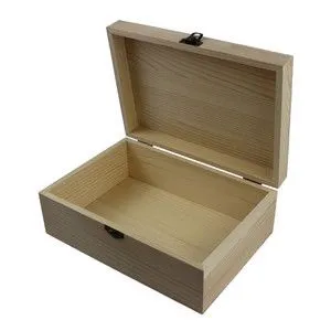 Open wooden storage box, simple design with metal clasp