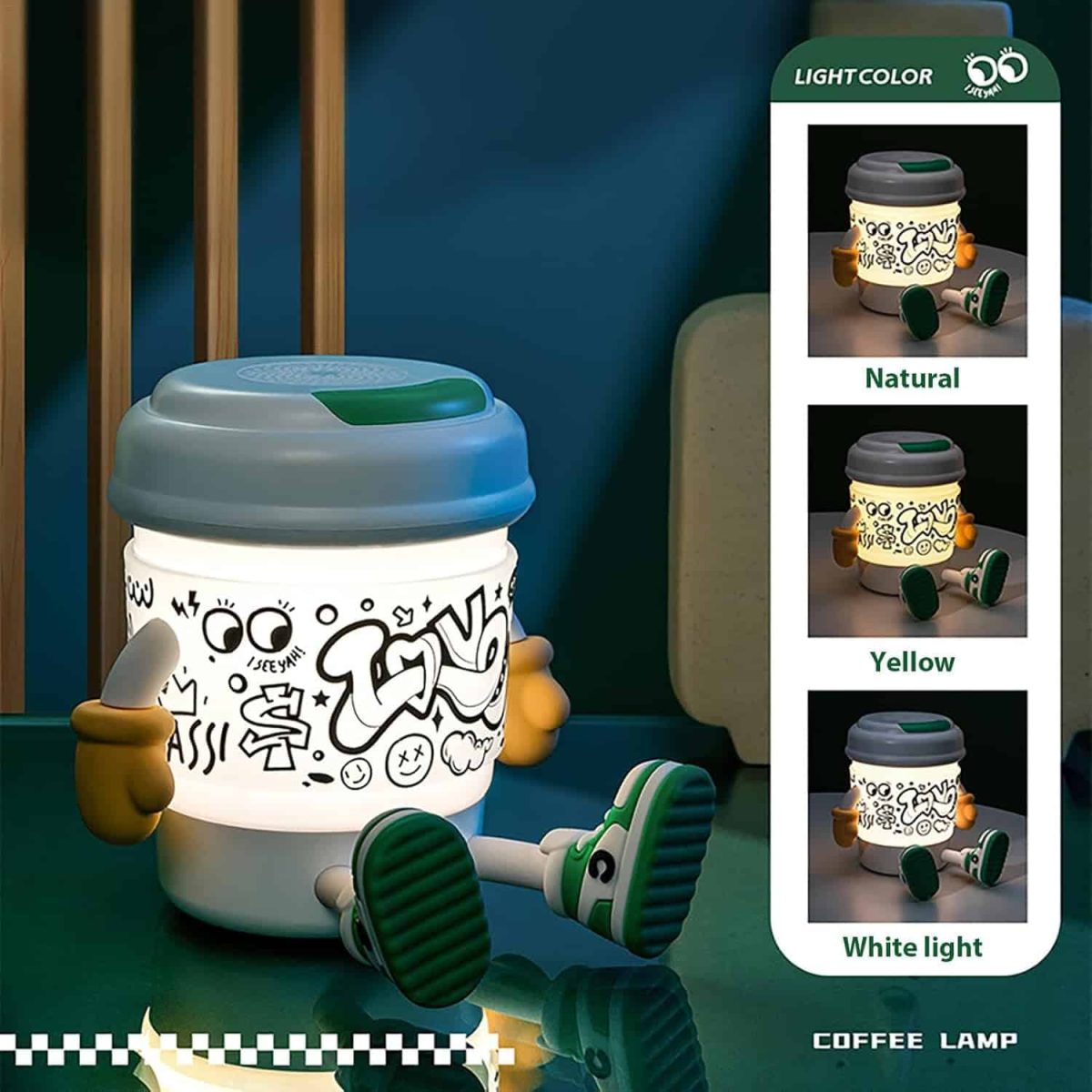 Fun and unique Bluetooth speaker, shaped like a cartoon cup with legs and arms, decorated with cool graffiti graphics.