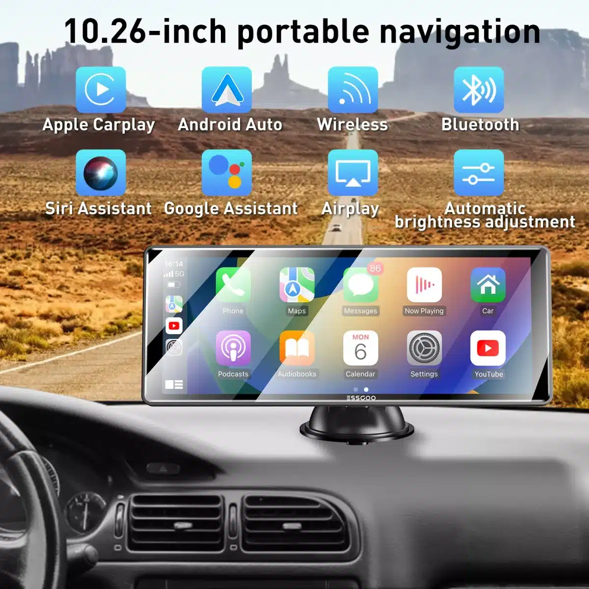 Portable car stereo displaying Apple CarPlay interface on 10.26" screen